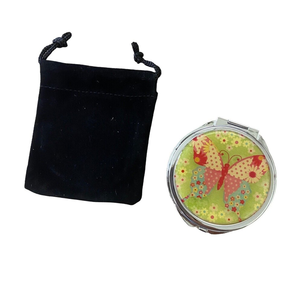 Butterfly Make up Mini Compact Mirror with Fabric Pull Bag NWT by Ganz
